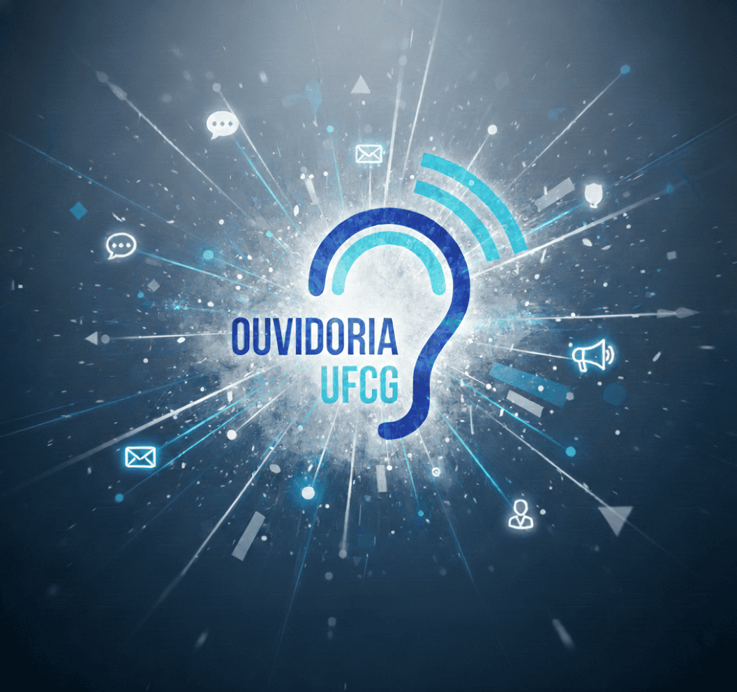 Versão do logotipo da Ouvidoria da UFCG centralizado em um fundo azul escuro com efeitos de luz e ícones de comunicação ao redor.
