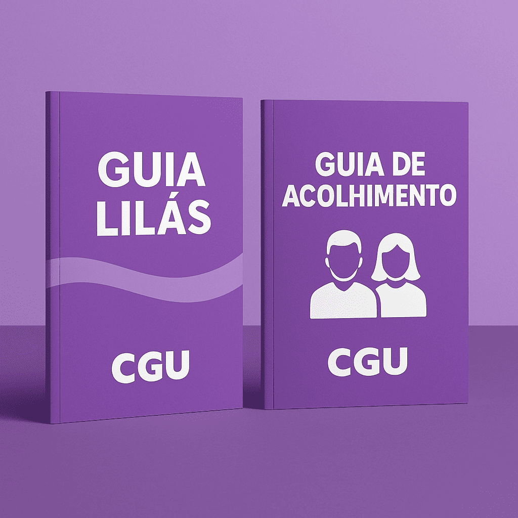 Capa de dois livros roxos lado a lado, um intitulado "Guia Lilás" e o outro "Guia de Acolhimento", ambos com a sigla CGU
